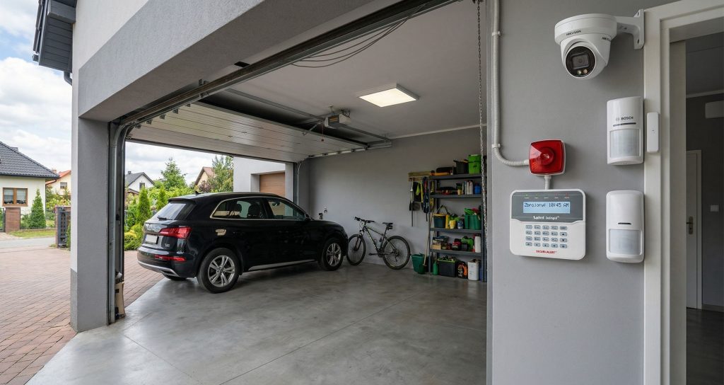 Wnętrze nowoczesnego garażu z otwartą bramą, w którym widoczny jest czarny samochód i rower, a na pierwszym planie zamontowany kompleksowy alarm do garażu składający się z klawiatury sterującej, syreny alarmowej, czujników ruchu oraz kamery monitoringu.