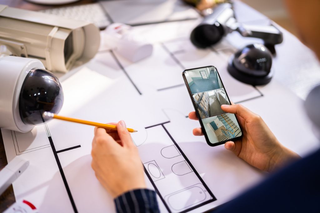Osoba planująca monitoring do domu, trzymająca smartfon z podglądem na żywo nad projektem architektonicznym mieszkania, obok którego leżą profesjonalne kamery zewnętrzne i wewnętrzne.