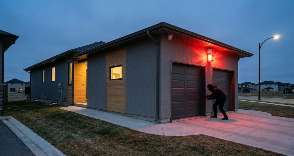 Nowoczesny dom o zmroku, z widoczną boczną elewacją i aktywną syreną alarmową emitującą jasne, czerwone światło nad garażem. Zamaskowany włamywacz kuca przy bramie, spłoszony przez alarm do garażu.
