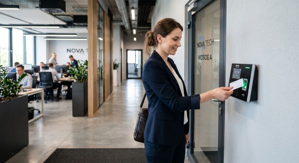 Kobieta rejestrująca czas pracy kartą przy czytniku zamontowanym przy wejściu do nowoczesnego biura