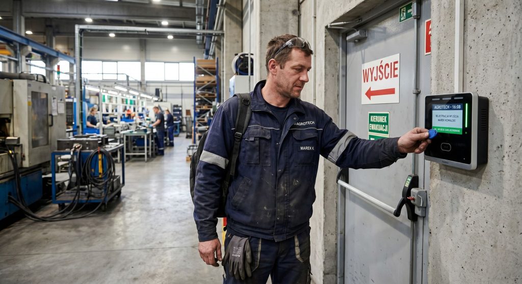Pracownik hali produkcyjnej przykłada brelok do czytnika rejestracji czasu pracy przy drzwiach wyjściowych